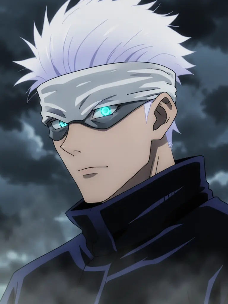 High-quality dramatic 2D anime illustration of Satoru Gojo from Jujutsu Kaisen, 3/4 profile view, looking slightly down to…