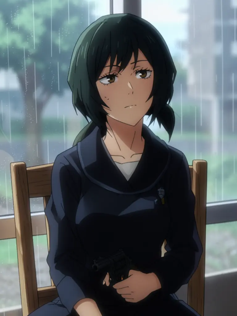 Create a serene, anime-style digital artwork of a young woman named Mai Zenin sitting in a simple wooden chair near a large,…