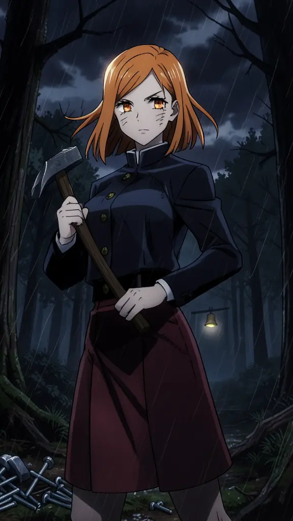 Сделай постер, orange-haired girl, hammer and nails, confident posture, dark uniform, Nobara Kugisaki in a dark uniform with…