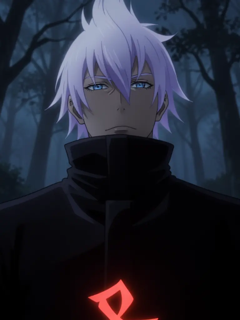 tall white-haired sorcerer satoru gojo in blue eyes, black high-collar uniform, captured from a low-angle, close-up shot…
