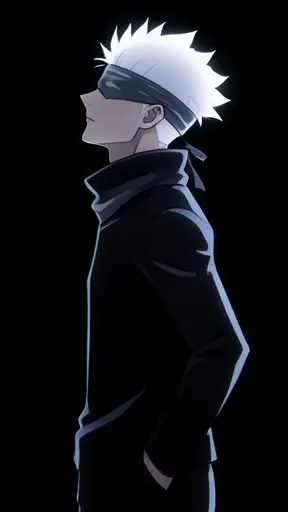 Satoru Gojo side profile pose, head slightly tilted back, sharp features silhouetted by cold white rim light, spiky white…