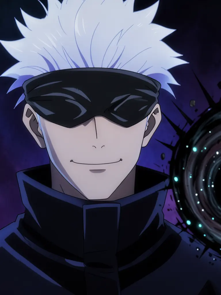 High-quality dark fantasy 2D anime illustration of Satoru Gojo from Jujutsu Kaisen, extreme close-up portrait, upper chest…