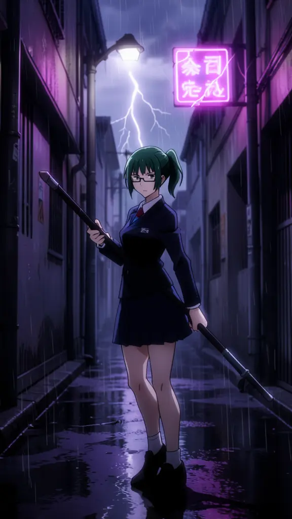 Maki Zenin, young woman with dark green hair tied back, rectangular glasses, school uniform, holding a polearm, Dusk rain,…