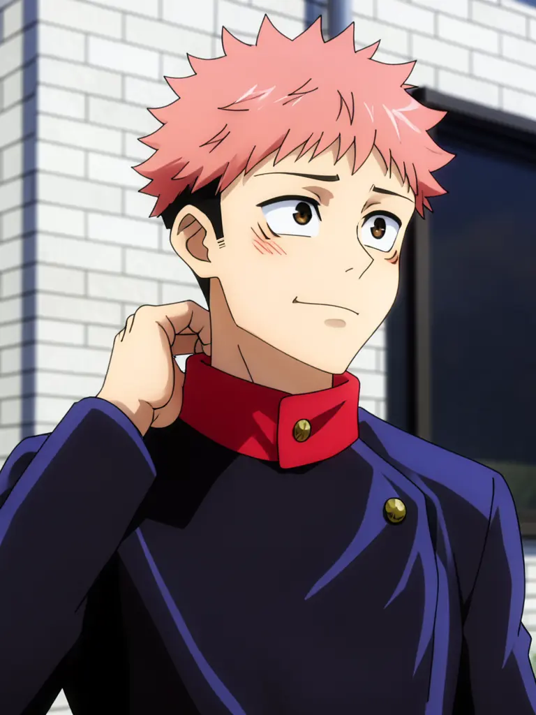 High-quality anime illustration of Yuji Itadori from Jujutsu Kaisen, upper body portrait, waist-up shot.