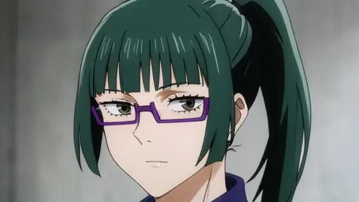 Портрет Maki Zenin, dark green hair tied in a high ponytail with straight bangs, rectangular purple-framed glasses, anime…