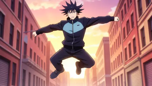 Megumi Fushiguro, jumping in the air, sunrise, empty city streets, anime style, spiky black hair with long bangs, wears a…
