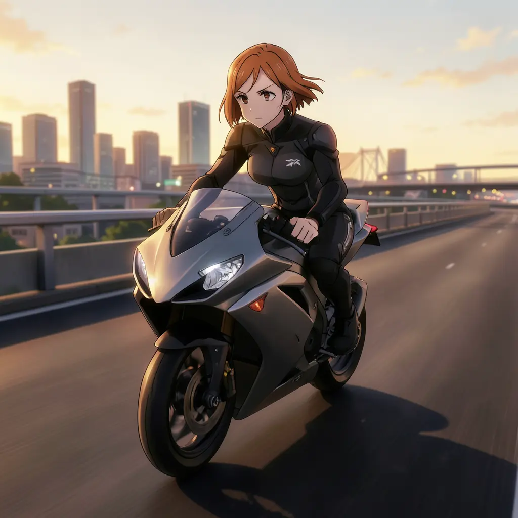 An anime-style illustration of Nobara Kugisaki riding a sleek, futuristic sport motorbike across a wide, empty city bridge…