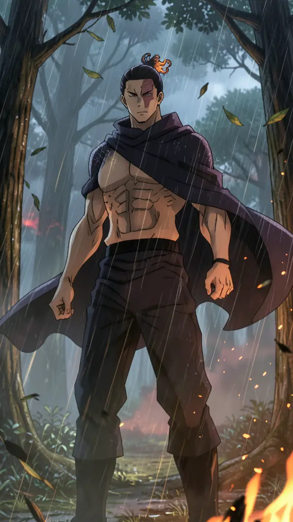 Aoi Todo, tall muscular young man, black hair tied in a topknot with flame-like looped strands, reddish scar across the left…