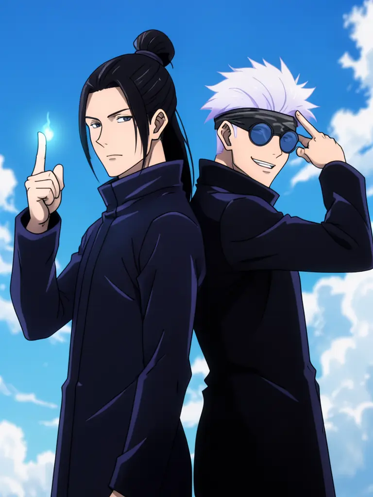 High-quality official anime movie poster illustration, two male characters standing back-to-back against a vibrant bright…