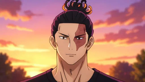 Aoi Todo, black hair is tied in a topknot with flame-like looped strands, reddish scar crosses the left side of his face,…