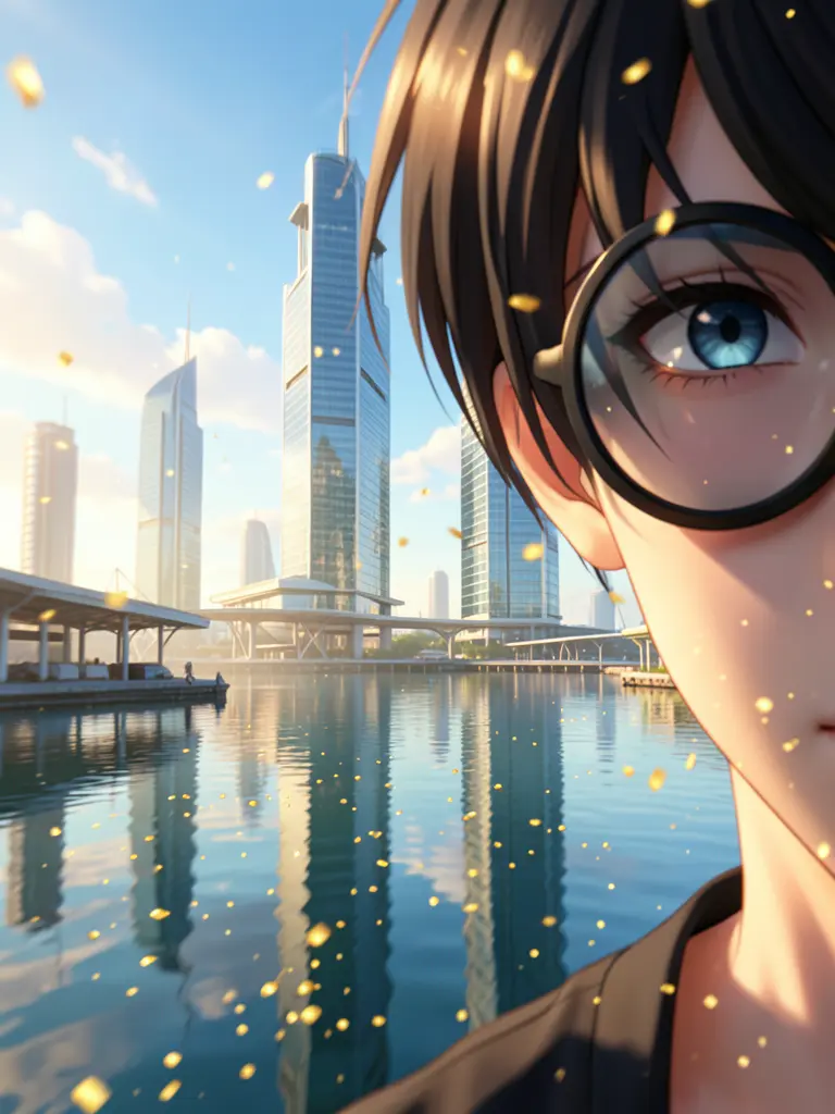 modern floating cityscape with sleek, glass-crafted buildings rising from a calm, reflective water surface, golden particles…