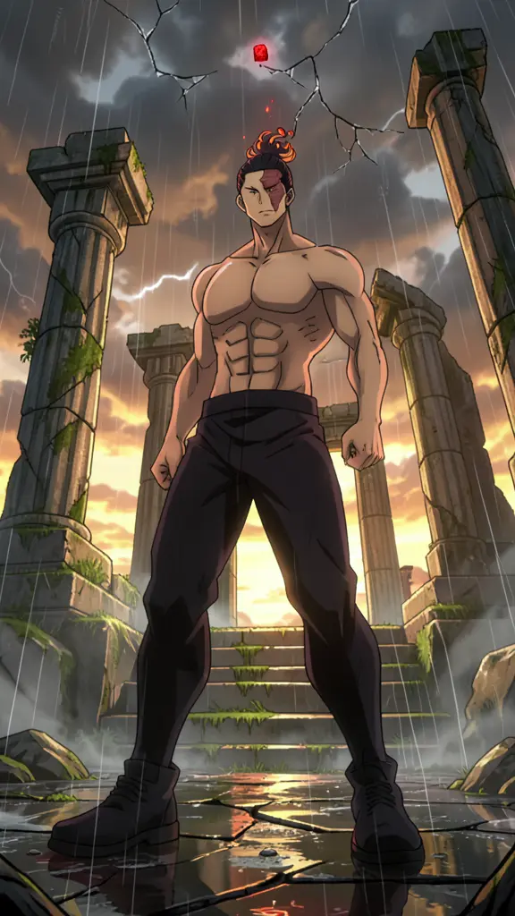 Aoi Todo, tall muscular young man, black hair tied in a topknot with flame-like looped strands, reddish scar across the left…
