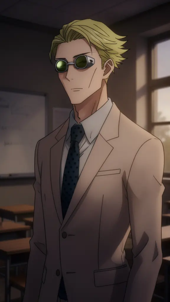 Kento Nanami, as a teacher with textured, windswept blond hair, wearing stylish metallic round glasses with green lenses,…