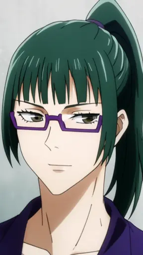 Портрет Maki Zenin, dark green hair tied in a high ponytail with straight bangs, rectangular purple-framed glasses, anime…