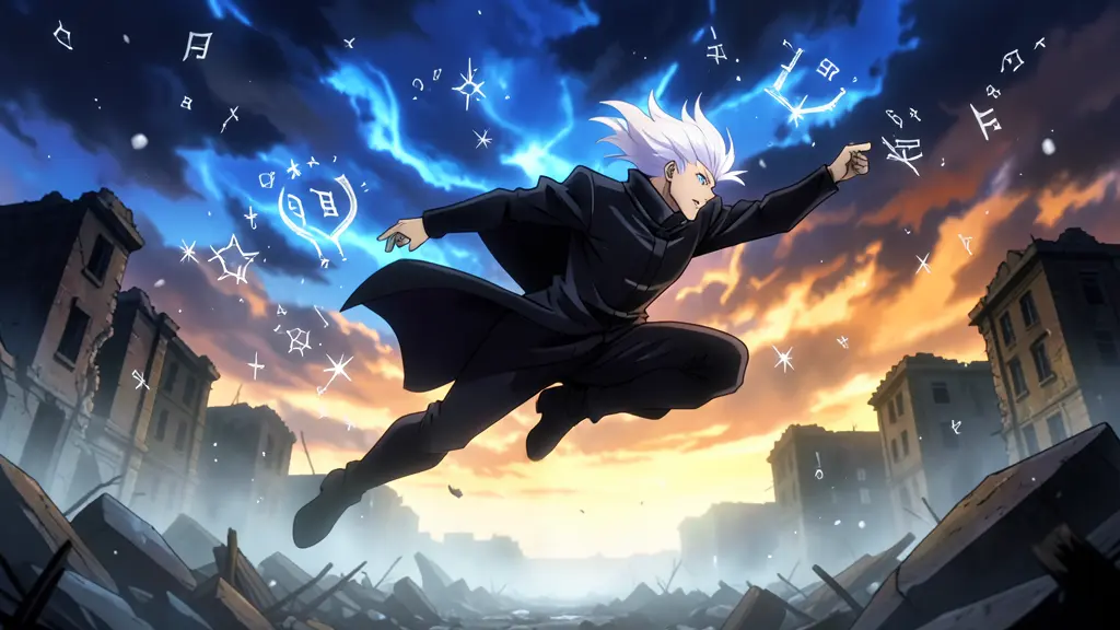 Satoru Gojo, Cool blue and warm orange, high contrast, dominant blue with opposite orange, a stormy sky with glowing runes…