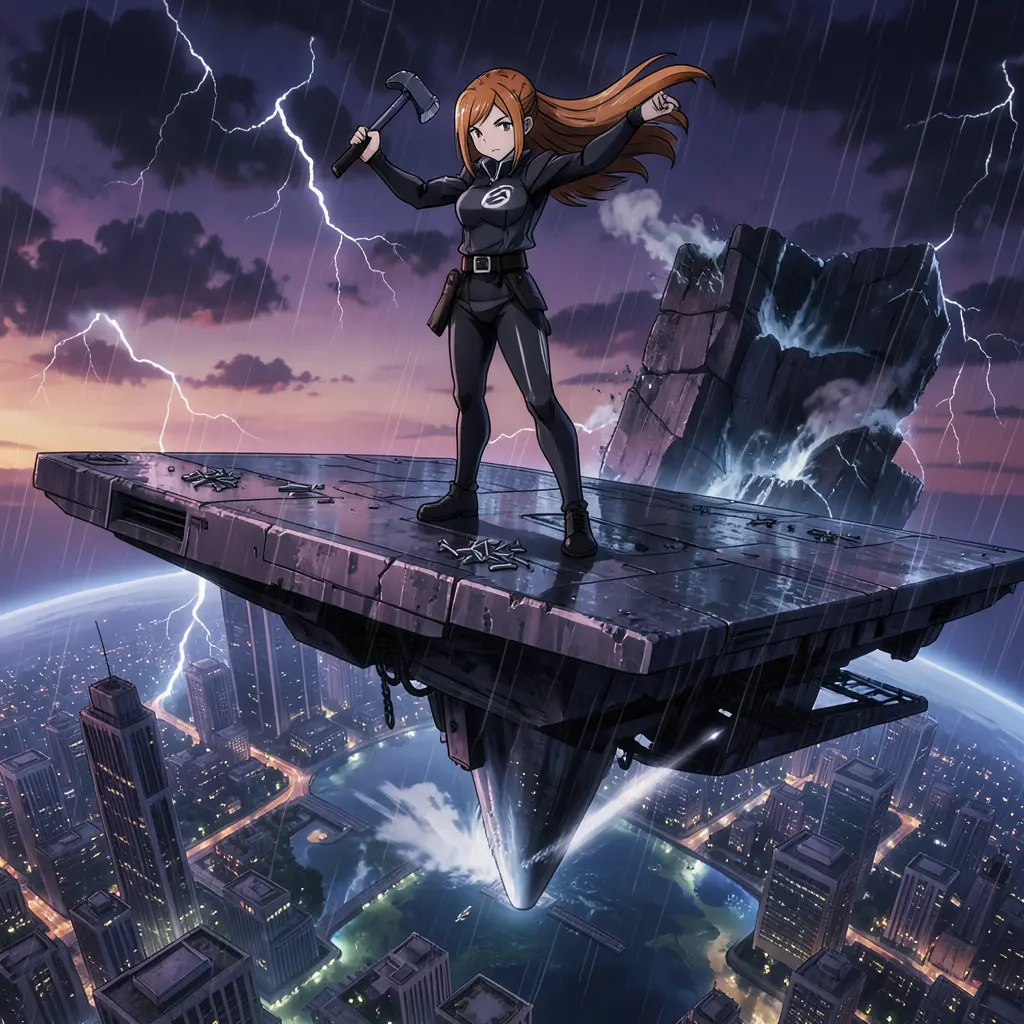 orange-haired girl, hammer and nails, confident posture, dark uniform, Nobara Kugisaki stands atop a colossal, suspended…