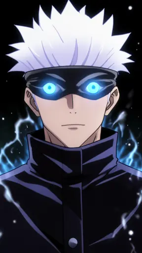 Satoru Gojo, white spiky hair, removing his black blindfold revealing bright blue six eyes, glowing gaze, dark high-collar…
