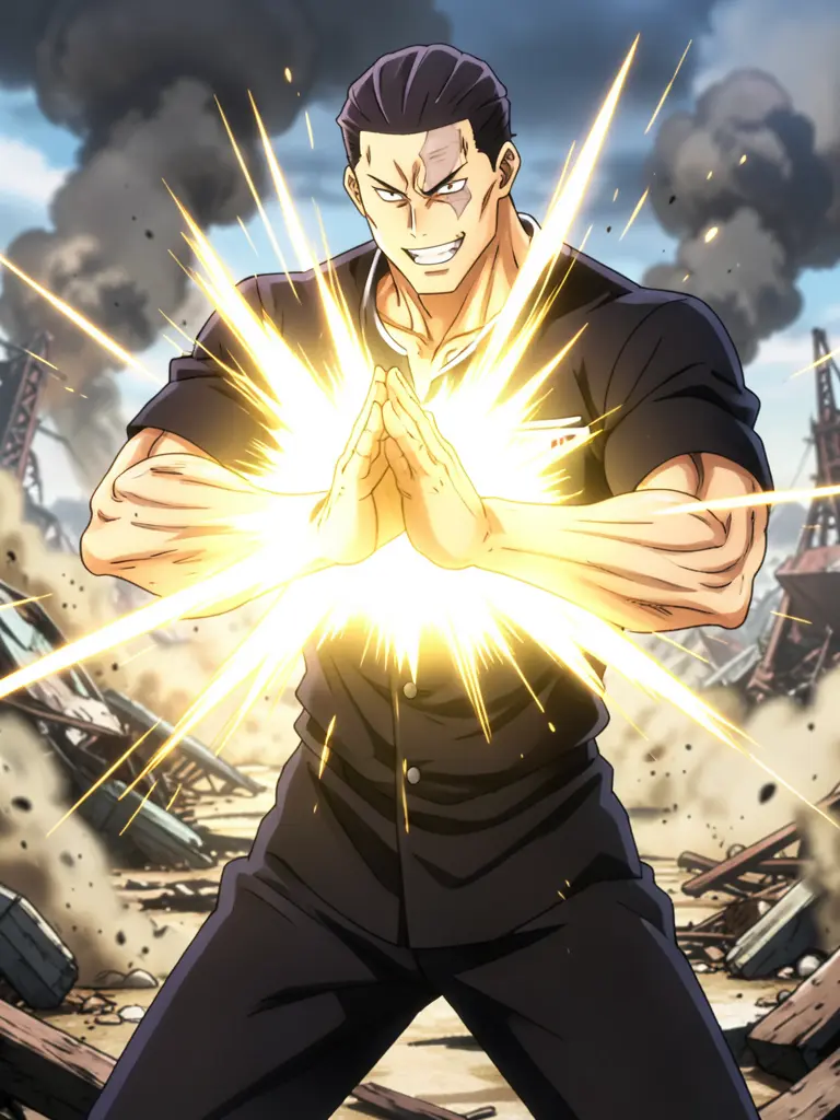 A high-quality anime illustration of Aoi Todo - a tall, heavily muscular young man with a scar on his face, wearing a black…
