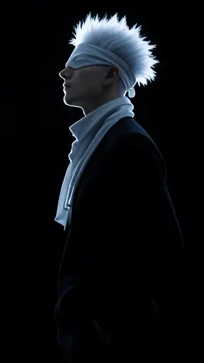 Satoru Gojo side profile pose, head slightly tilted back, sharp features silhouetted by cold white rim light, spiky white…