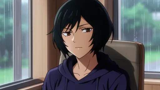 Mai Zenin, sitting in the chair near the window, rainy day, soft light, anime style, short black bob haircut with messy…
