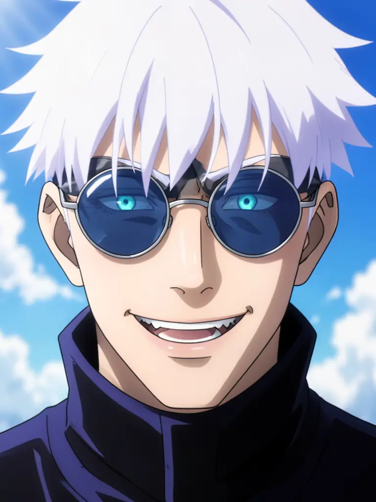 Extreme close-up anime portrait of Satoru Gojo from Jujutsu Kaisen, front facing, looking directly down at the viewer.