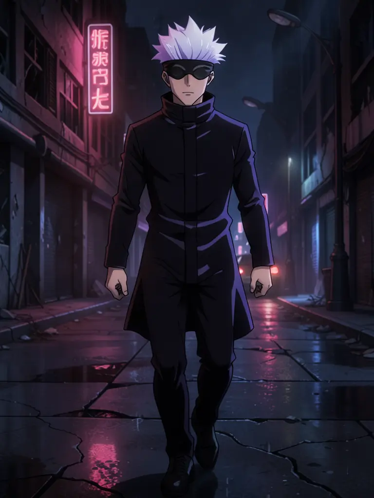Satoru Gojo, with spiky white hair and a black blindfold covering his eyes, walks through a desolate urban landscape at…