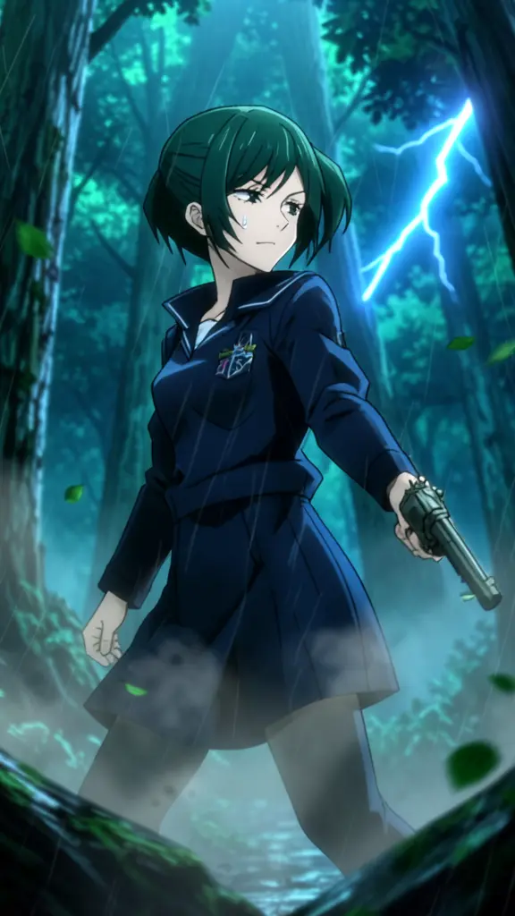 Mai Zenin, young woman with dark green hair in a side ponytail, school uniform, holding a revolver, stormy rainforest at…