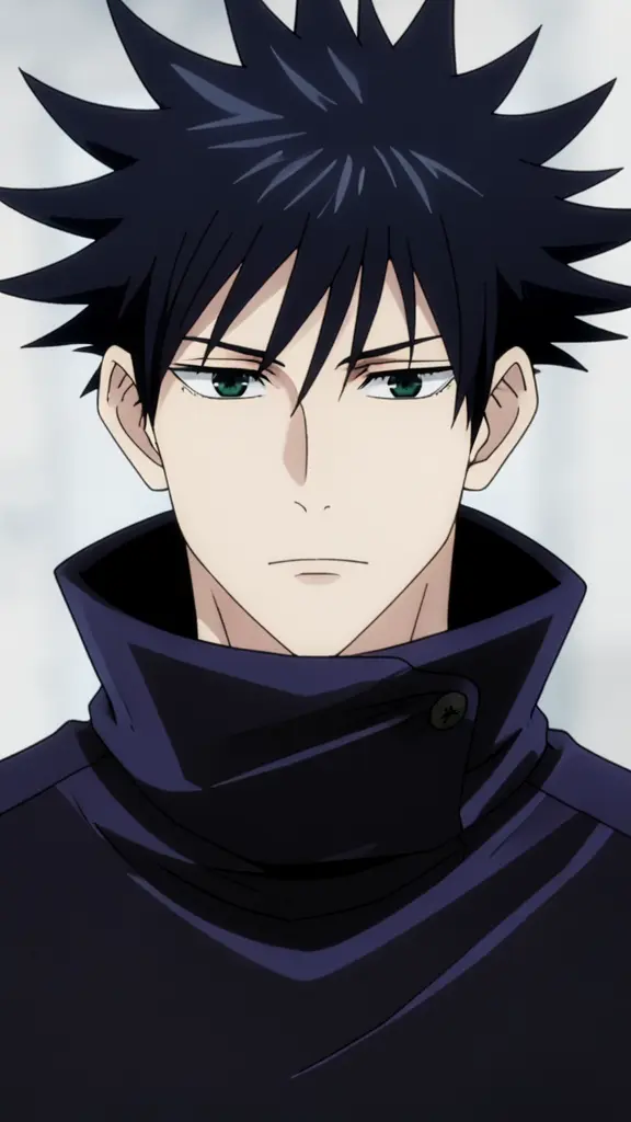 Anime portrait of Megumi Fushiguro, black spiky hair, dark green eyes, wearing a dark high-collared uniform, calm and stoic…