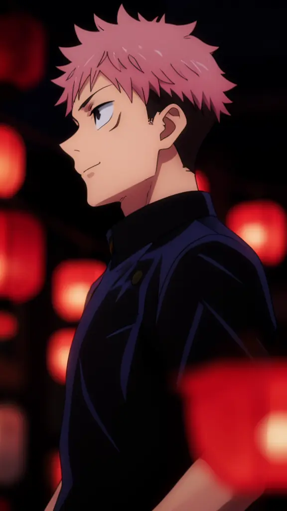 Yuji Itadori, pink-haired teenage boy, athletic build, black school uniform with high collar, side profile, close-up,…