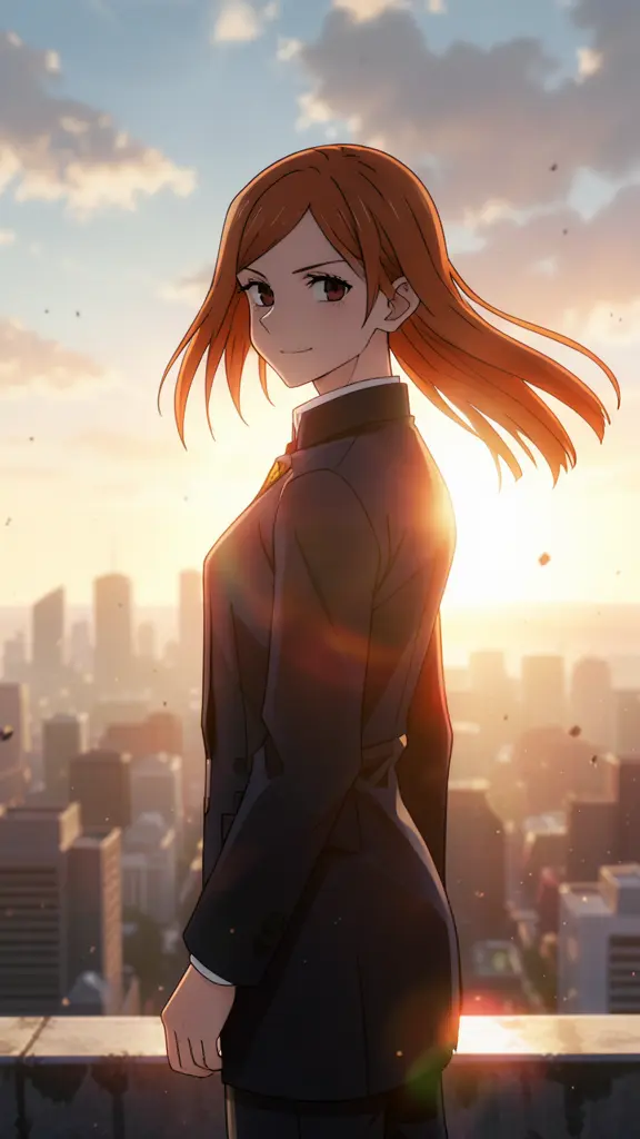 Nobara Kugisaki, a portrait from the waist up, standing on a rooftop ledge high above a city at golden hour.