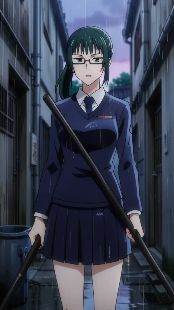 Maki Zenin stands in a rain-soaked alleyway at dusk