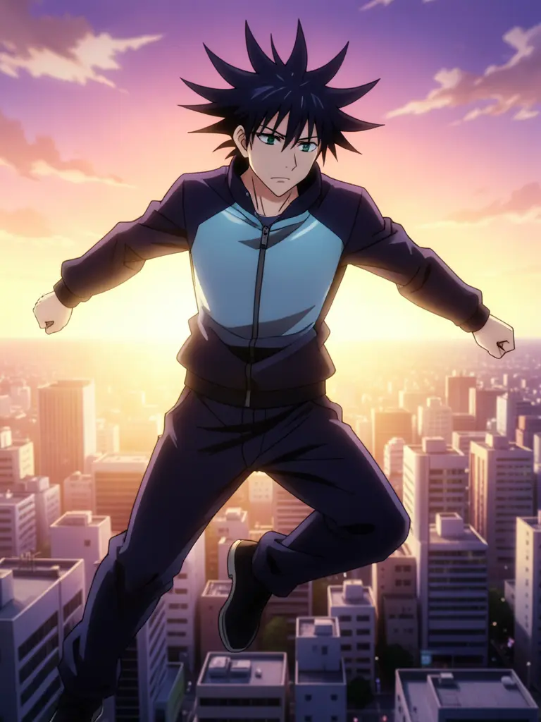 An anime-style illustration of Megumi Fushiguro, mid-air, leaping dynamically against a vibrant sunrise over an empty,…