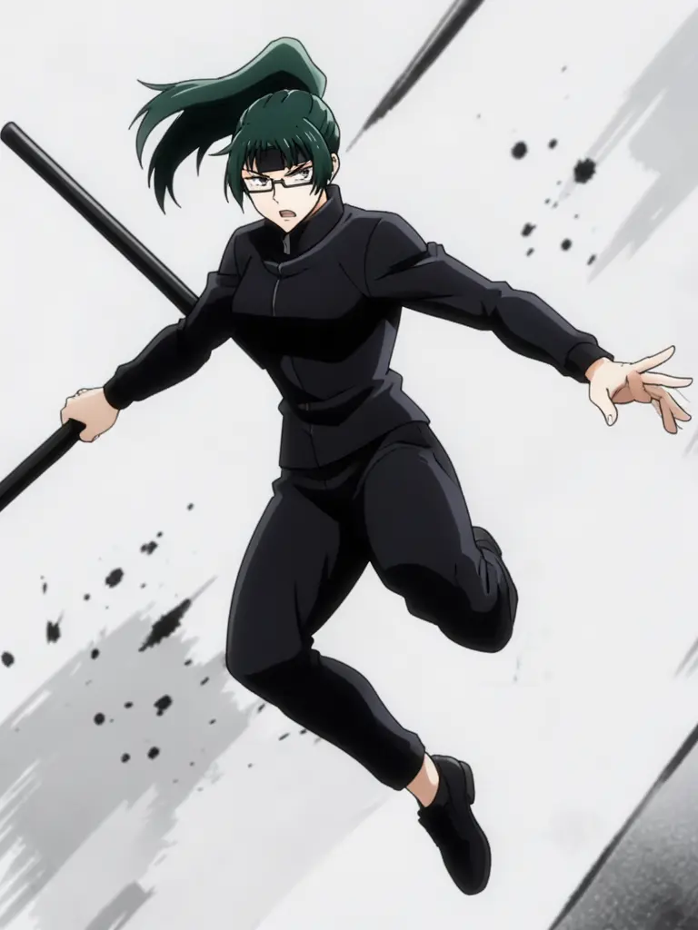 Dynamic high-quality 2D anime illustration of Maki Zenin from Jujutsu Kaisen, mid-action shot, leaping in the air, seen from…