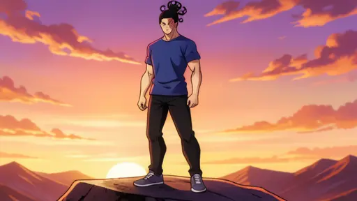 Aoi Todo, black hair is tied in a topknot with flame-like looped strands, reddish scar crosses the left side of his face,…