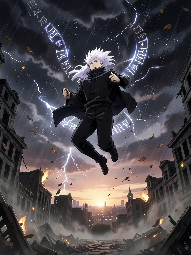 tall white-haired sorcerer, blue eyes, black high-collar uniform, Satoru Gojo, white-haired, tall, JJK world, rain, dust,…