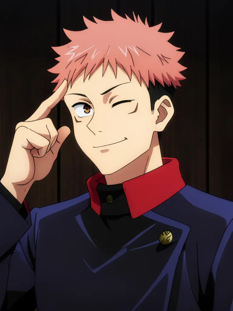 High-quality 2D anime illustration of Yuji Itadori from Jujutsu Kaisen, upper body portrait, facing slightly left.