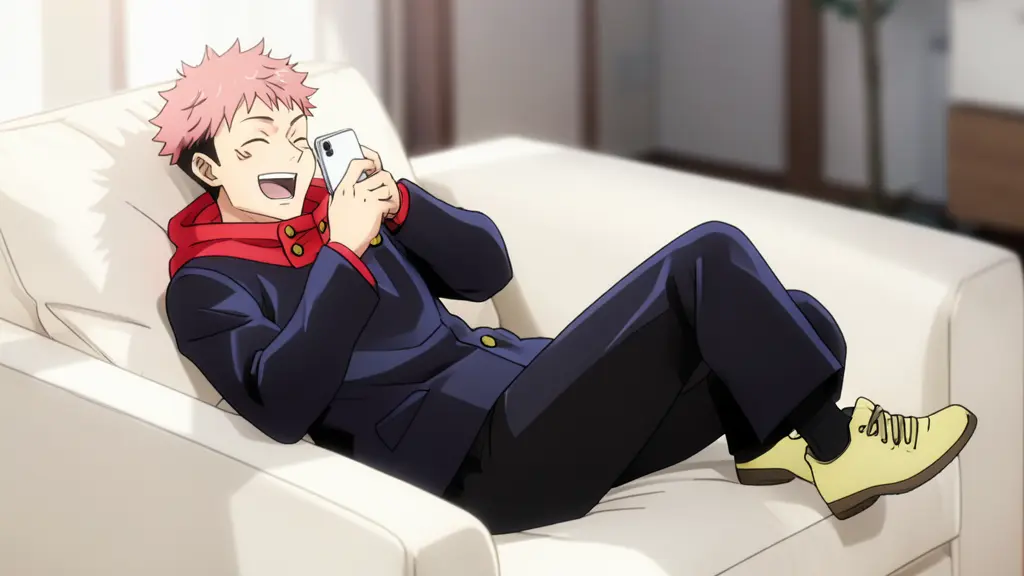 Anime-style illustration of Yuji Itadori lying on a plush white sofa, laughing heartily while talking on a white smartphone.