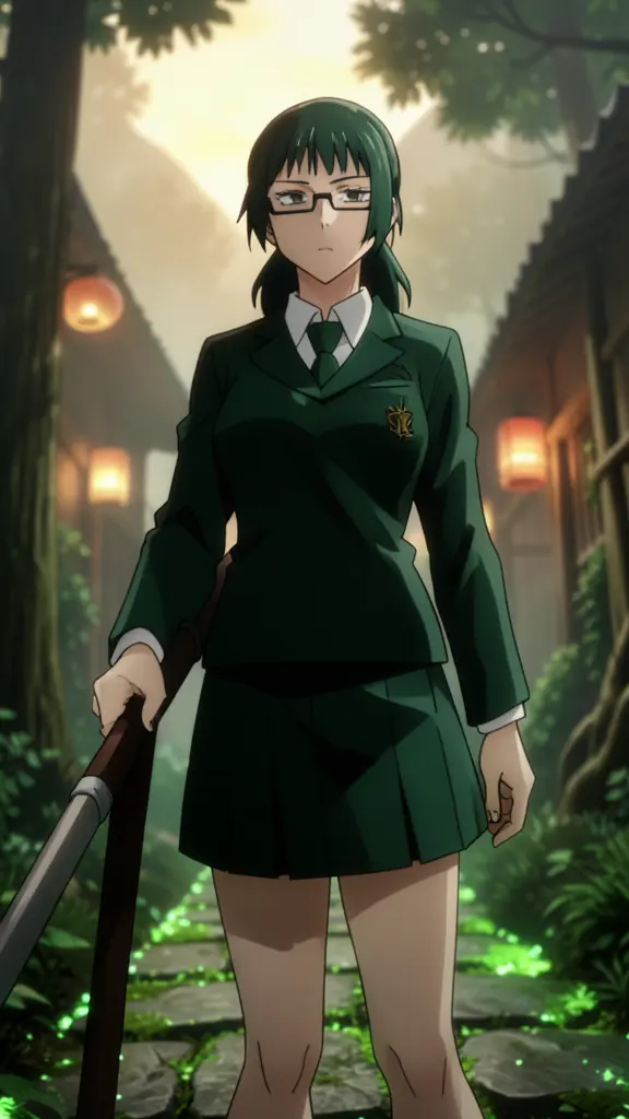 Maki Zenin, young woman with dark green hair tied back, rectangular glasses, school uniform, holding a polearm, anime style,…