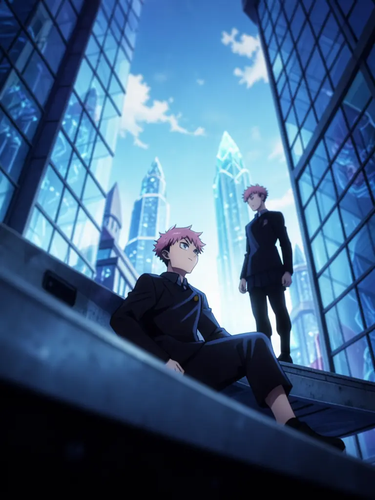 Yuji Itadori, low-angle shot from below, 30 cm from the ground, cinematic lens with a shallow depth of field, with a wide…