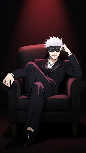 Satoru Gojo lounging in a designer armchair, legs crossed, arm draped over backrest, head tilted with teasing smile, luxury…