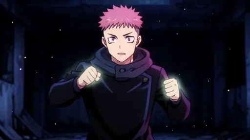 Yuji Itadori a fit teenage boy with short spiky pink hair shaved into an undercut, warm pink-brown eyes, a broad athletic…
