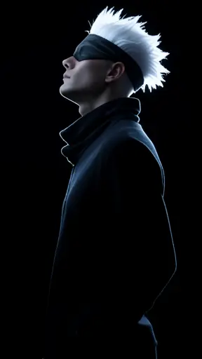 Satoru Gojo side profile pose, head slightly tilted back, sharp features silhouetted by cold white rim light, spiky white…