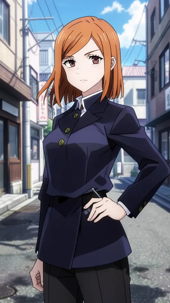Nobara Kugisaki, городская улица, ветер, взгляд в камеру, anime style, solo, jjkworld