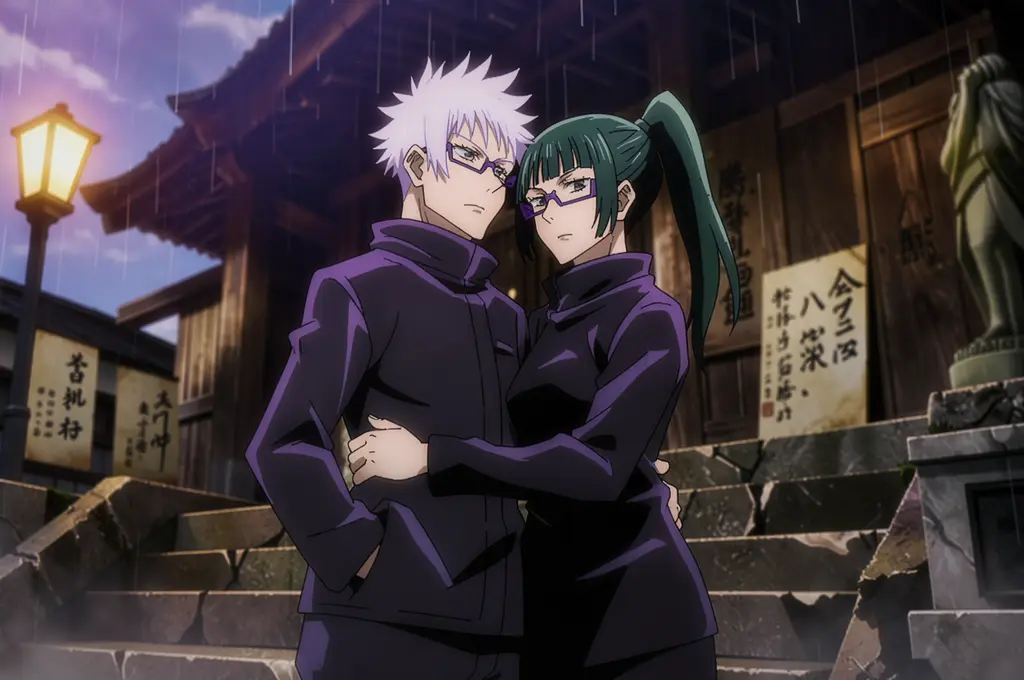 He has spiky white hair, uniform jacket open, hands in pockets, She has dark green hair tied in a high ponytail with…