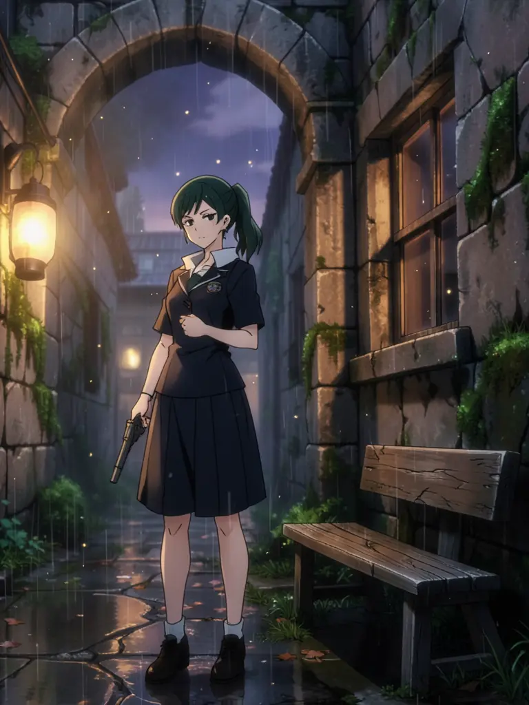 Mai Zenin, young woman with dark green hair in a side ponytail, school uniform, holding a revolver, A rainy autumn evening…