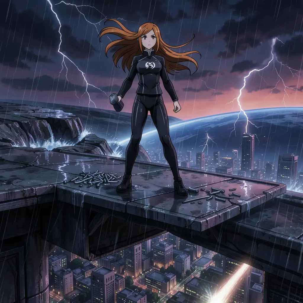 orange-haired young women, hammer and nails, confident posture, dark uniform, Nobara Kugisaki stands atop a colossal,…