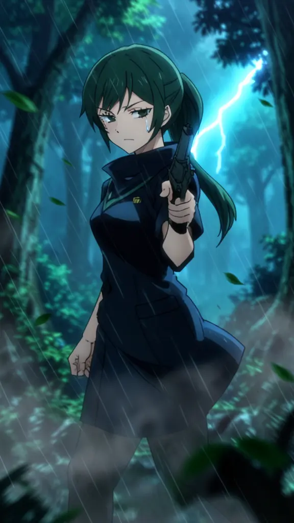 Mai Zenin, young woman with dark green hair in a side ponytail, school uniform, holding a revolver, stormy rainforest at…