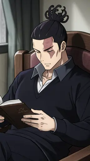 Aoi Todo, His black hair is tied in a topknot with flame-like looped strands, and a reddish scar crosses the left side of…