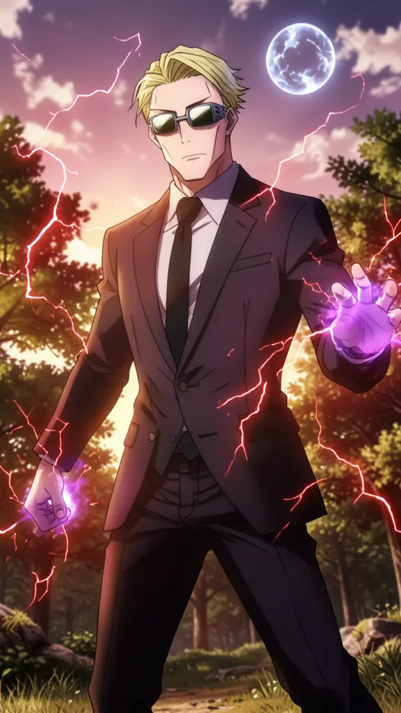 Kento Nanami, tall blond man in a tailored suit, tinted rectangular glasses, calm stern face, anime style, JJK world,…