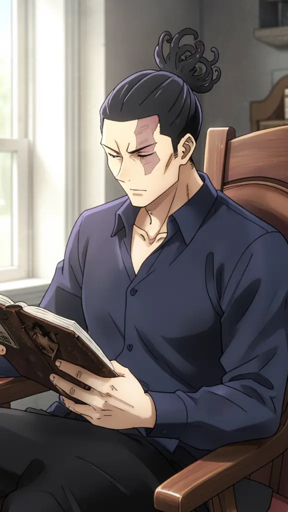 Aoi Todo, His black hair is tied in a topknot with flame-like looped strands, and a reddish scar crosses the left side of…